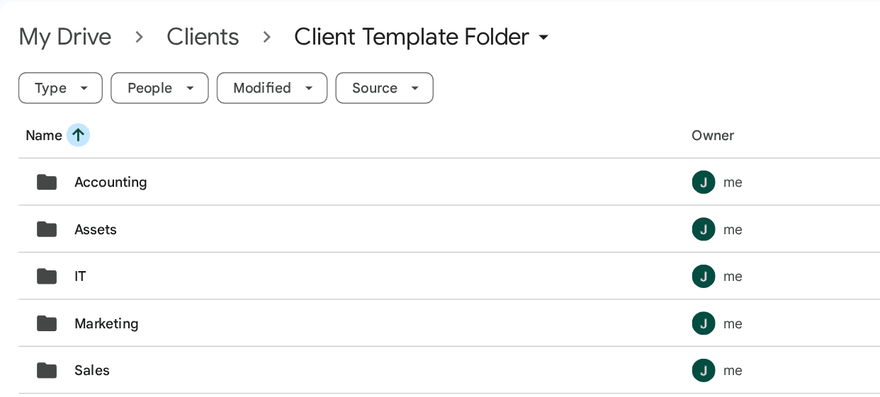 The copied folder open in Google Drive, showing its subfolders listed under My Drive, Clients, Client Template Folder.