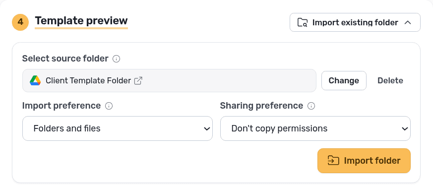 The Import existing folder panel with a Drive source folder selected, ready to import.