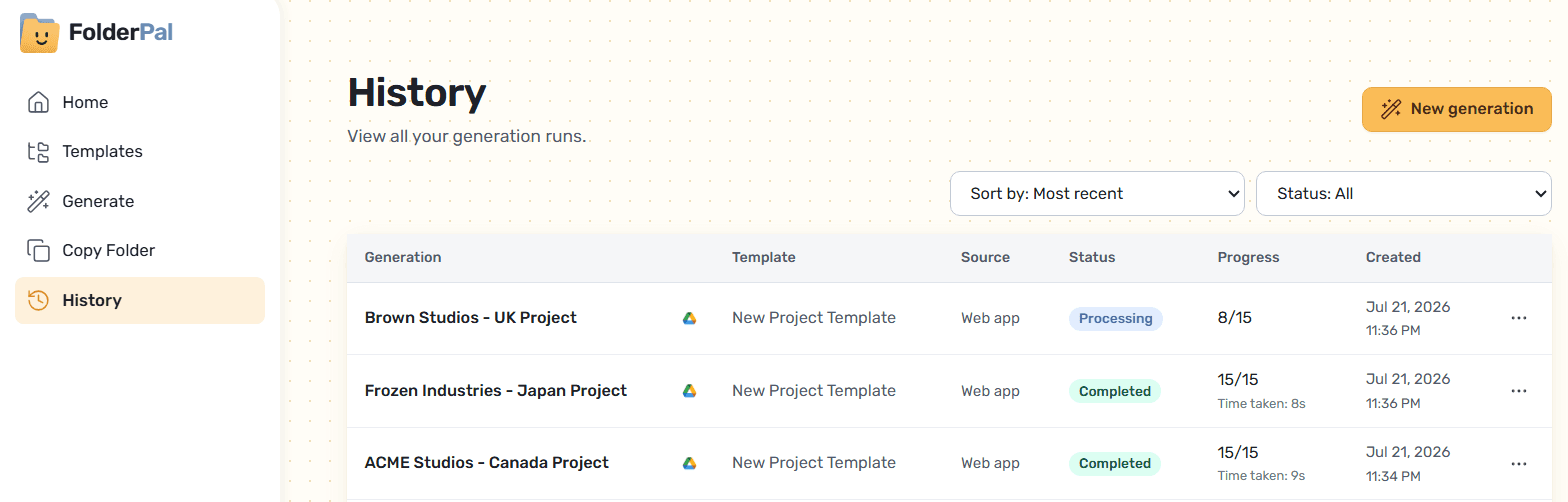 The History page listing past generations, showing the same template used again and again.