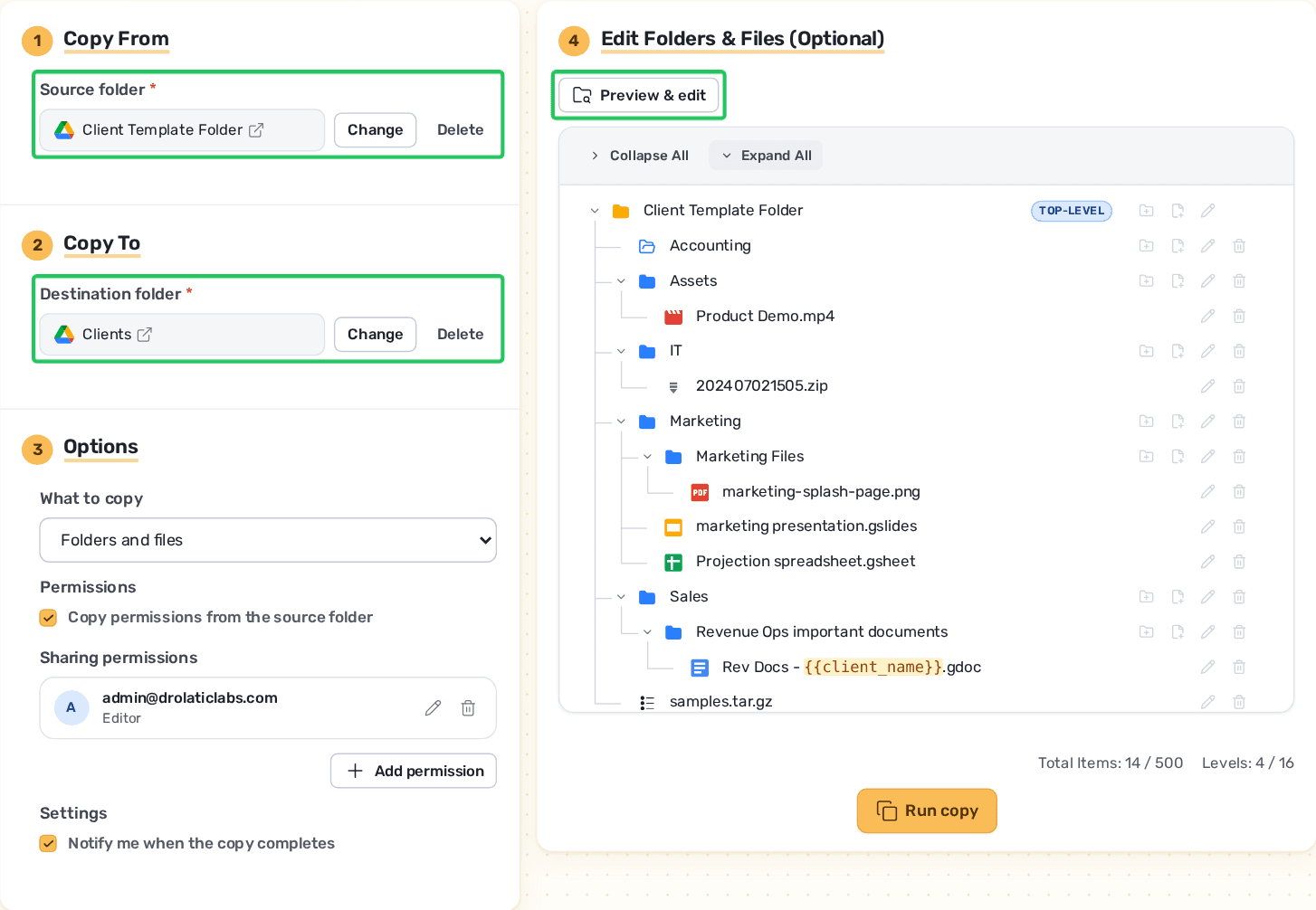 FolderPal Copy Folder page with a source folder and destination chosen, and a preview of the folder structure that will be copied