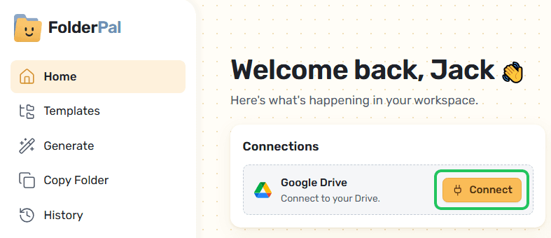FolderPal dashboard with the Connections card and a Connect button for Google Drive.