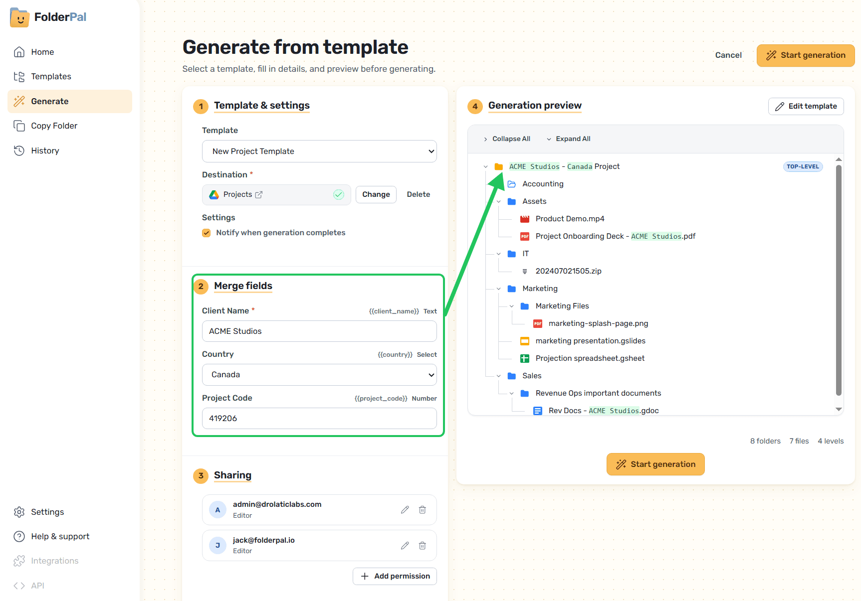 The Generate from template page with merge fields filled in and a live preview of the folder structure.