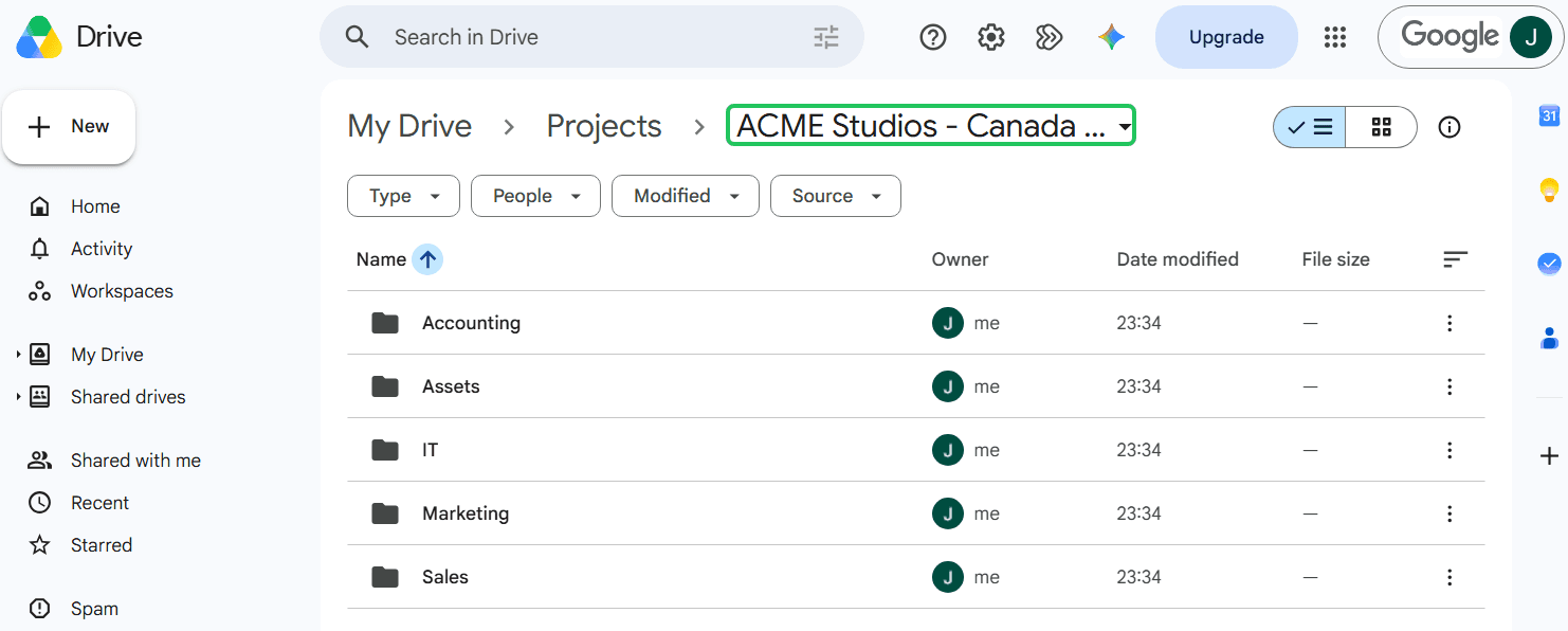 The generated folder structure open in Google Drive, with the new nested folders created by FolderPal.