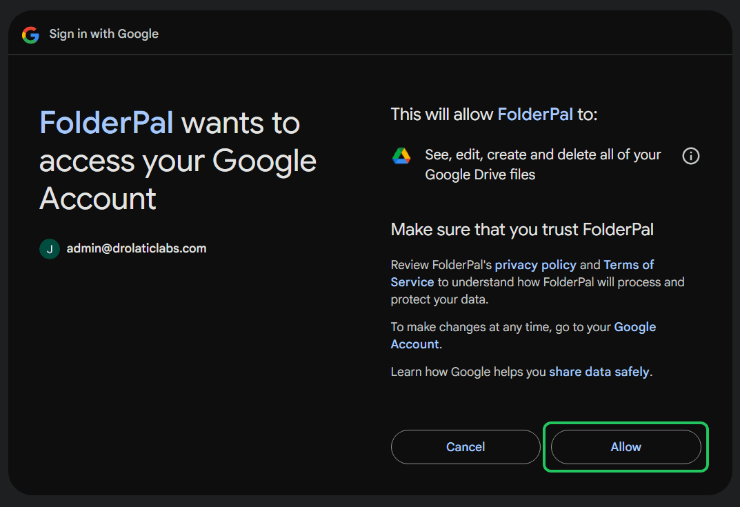 Google account access screen granting FolderPal the Drive permissions it needs.