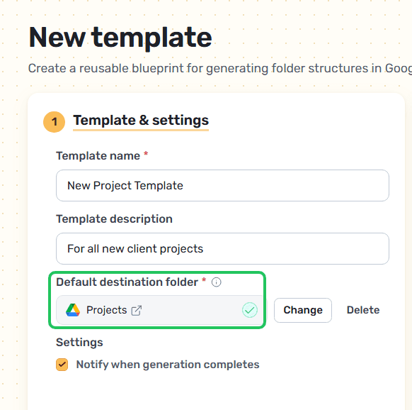Choosing the Google Drive destination folder for the template.