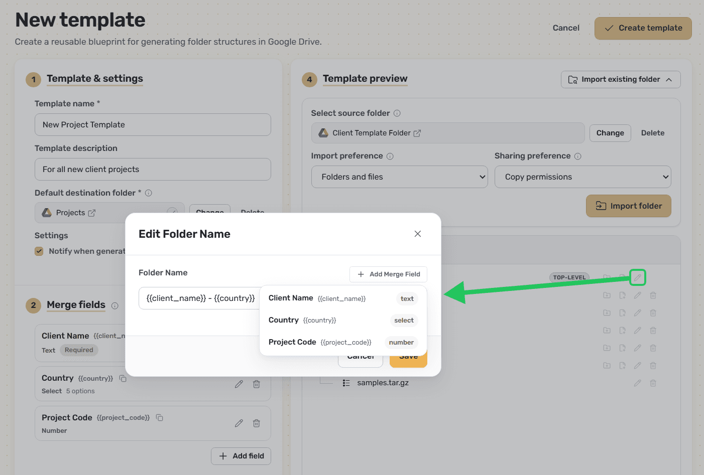 Editing a folder name within the template structure.