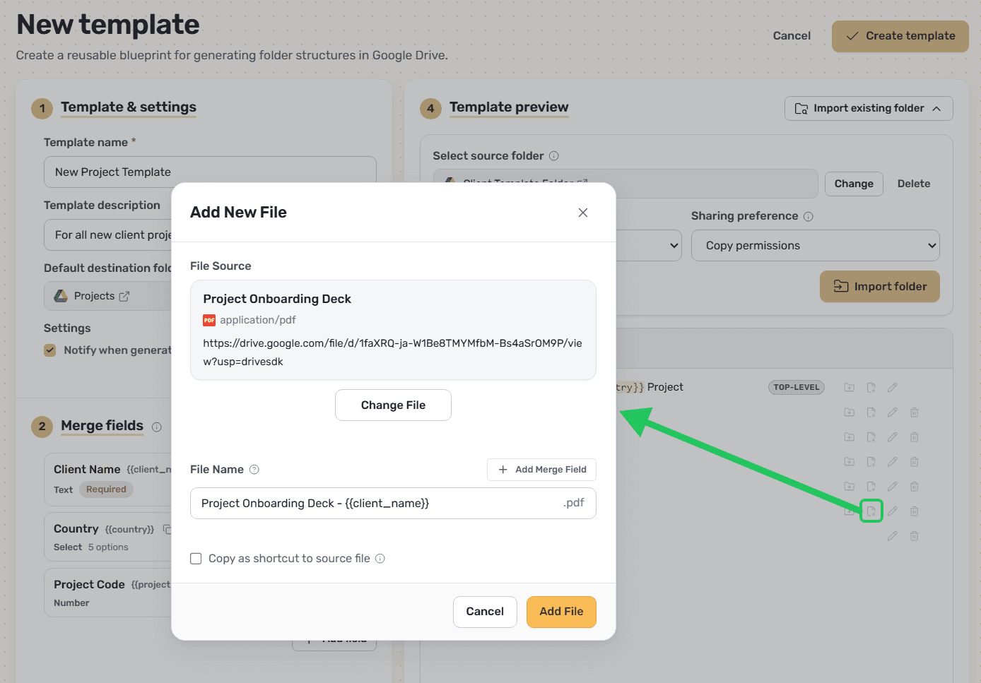 Adding a file to a folder inside the template.