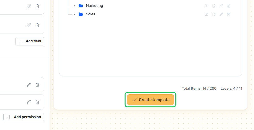 The Create template button that saves the finished template.