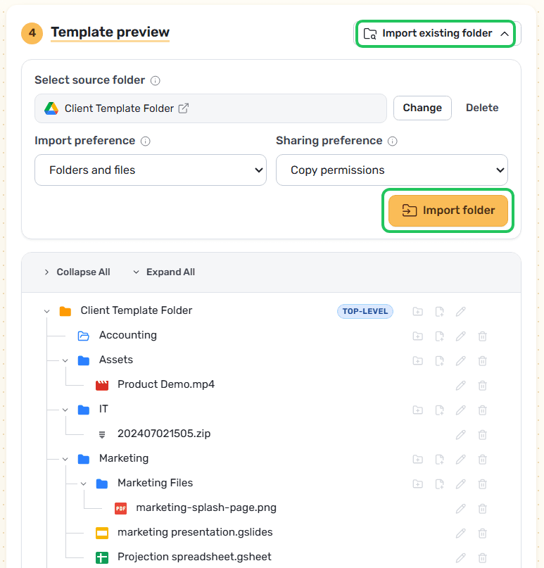 Importing an existing Google Drive folder to seed the template, with import and sharing preferences and a preview of the imported structure.