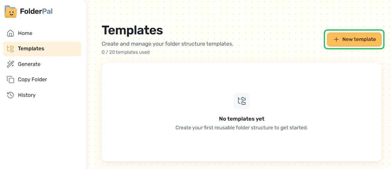 The New template page where you start building a folder template.