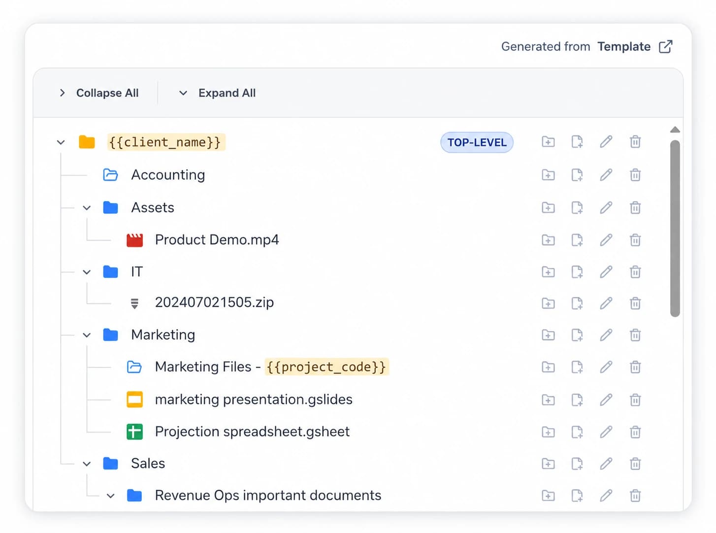 FolderPal template editor showing a folder and file structure ready to clone
