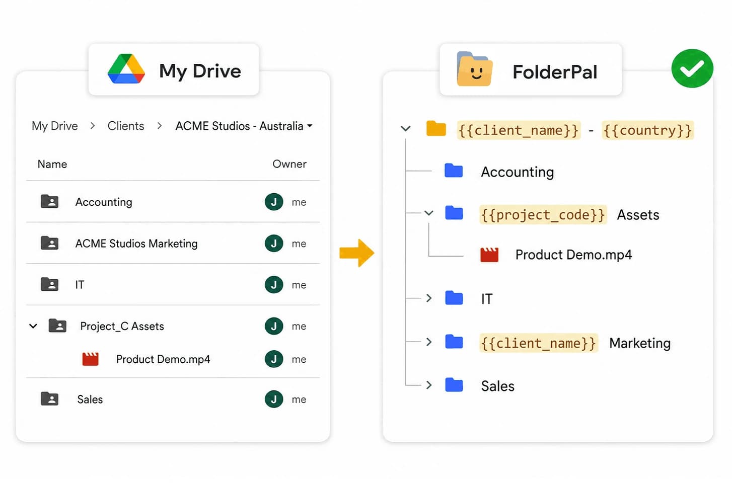 Google Drive folder structure imported into a reusable FolderPal template with merge fields