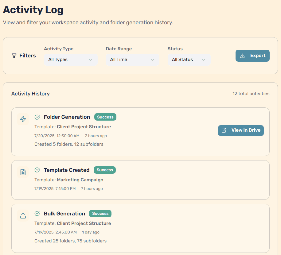 FolderPal app showing the Activity Log page with detailed history of folder creation events and notifications