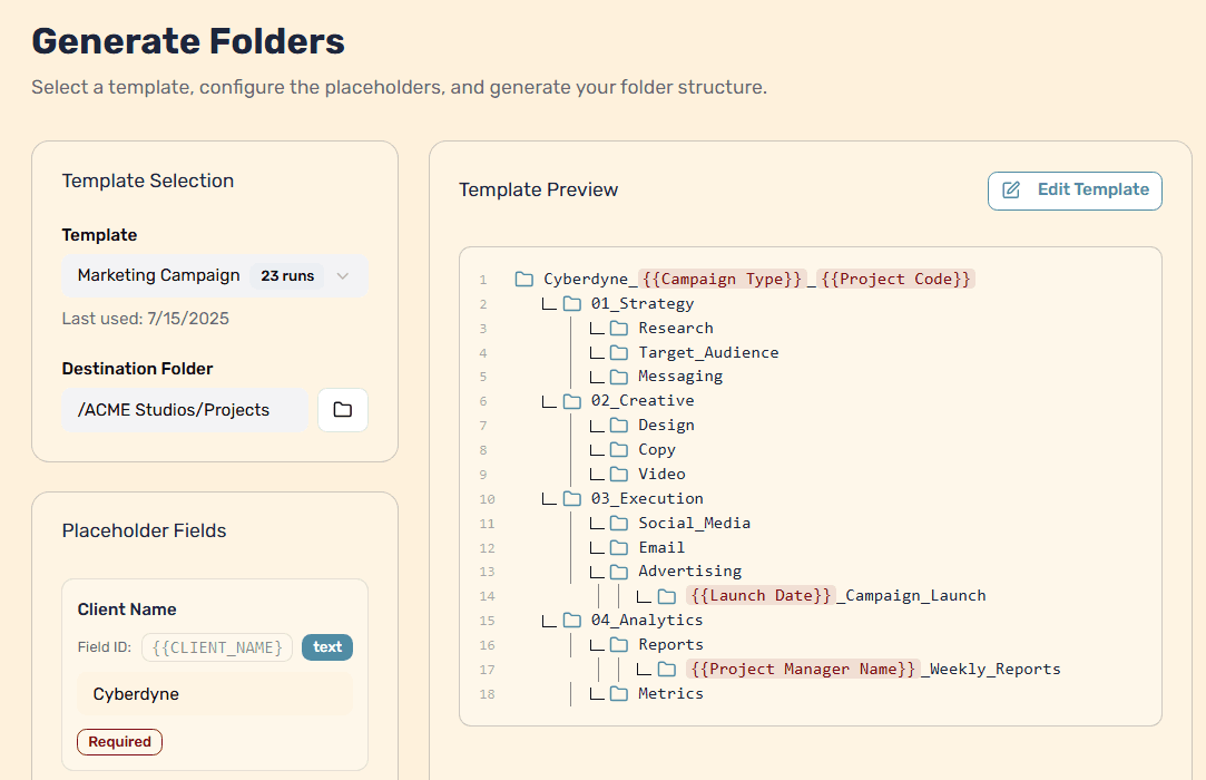 FolderPal app showing the Generate page interface for creating Google Drive folders with custom templates and variables